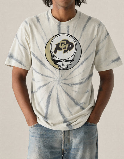 Cream tie-dye tee with Grateful Dead skull and CU Buffaloes logo, vintage college apparel. Class Trip | Higher Education