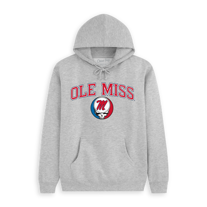 Gray hoodie with OLE MISS text and skull logo, collegiate sweatshirt. Class Trip | Officially Licensed Collegiate Apparel
