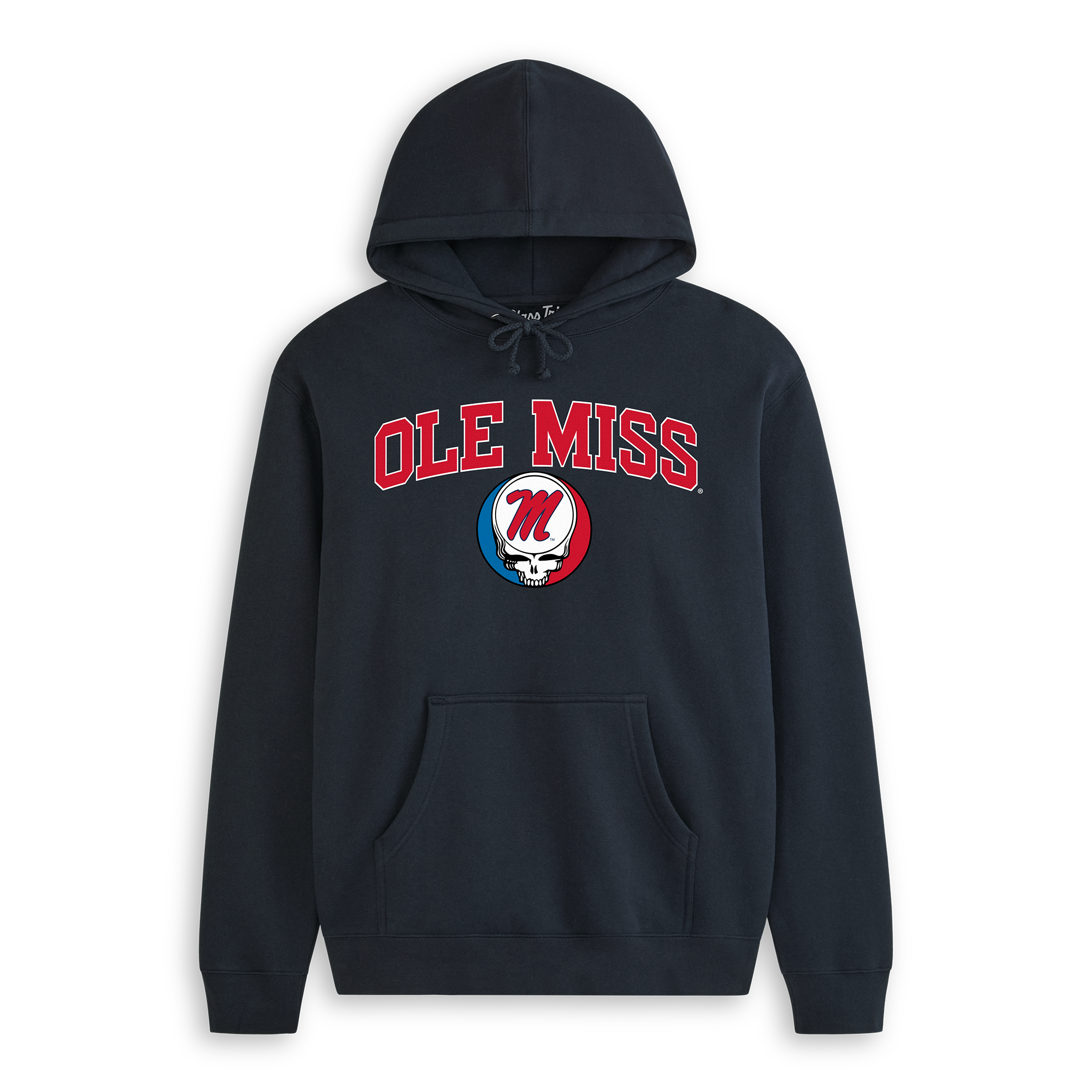 Navy Ole Miss hoodie featuring red collegiate text and skull logo graphic. Class Trip | Officially Licensed Collegiate Apparel
