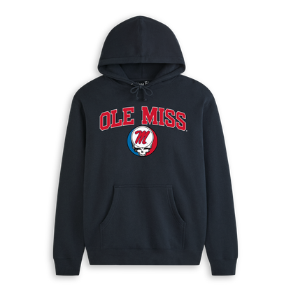 Navy Ole Miss hoodie featuring red collegiate text and skull logo graphic. Class Trip | Officially Licensed Collegiate Apparel