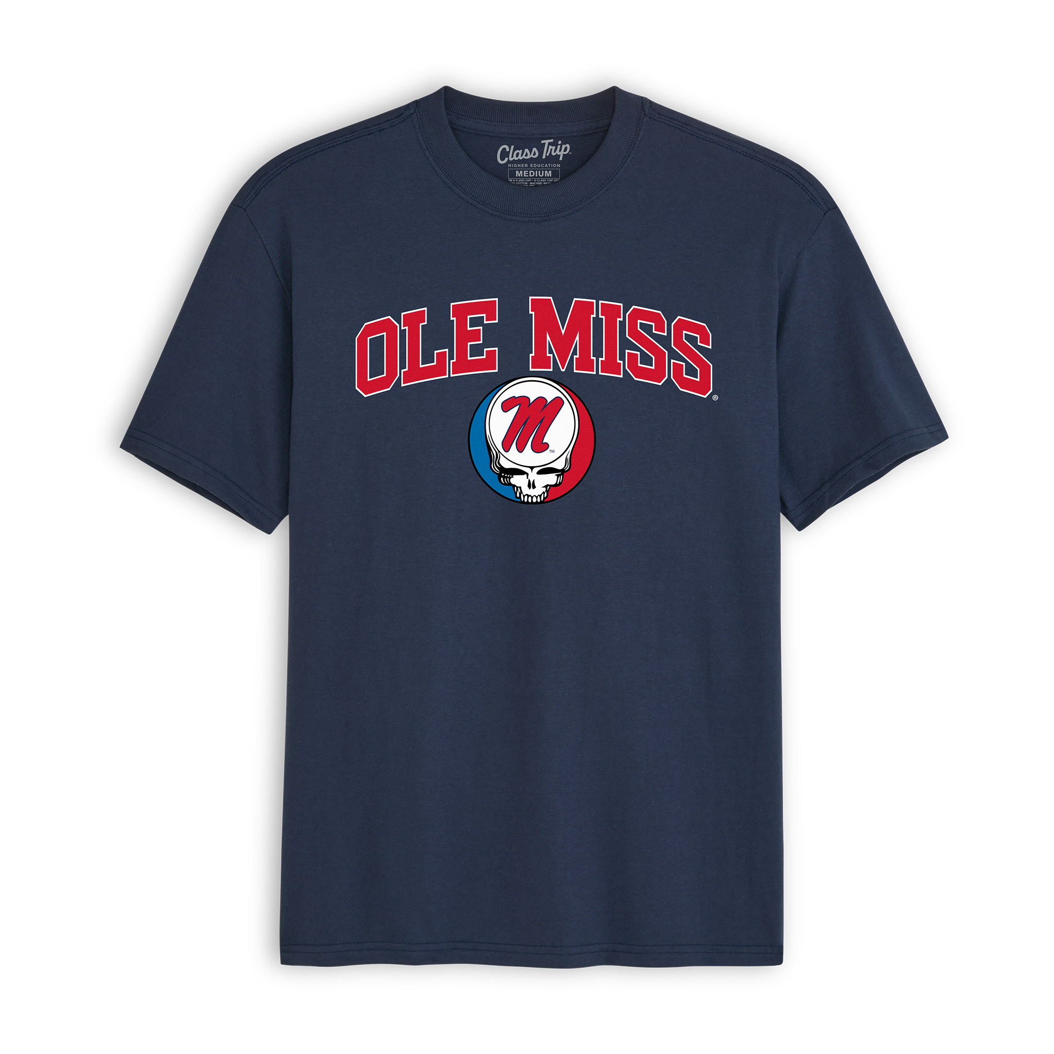 Navy Ole Miss collegiate t-shirt with red lettering and skull logo, Class Trip | Officially Licensed Collegiate Apparel