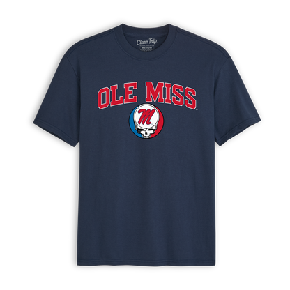 Navy Ole Miss collegiate t-shirt with red lettering and skull logo, Class Trip | Officially Licensed Collegiate Apparel