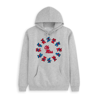 Gray Ole Miss hoodie with red and blue dancing bears in a circle graphic, collegiate apparel. Class Trip | Officially Licensed Collegiate Apparel