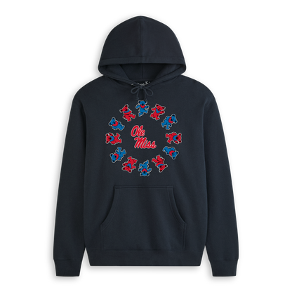 Navy hoodie with Ole Miss text and red and blue dancing bear graphics in a circle, Class Trip | Officially Licensed Collegiate Apparel