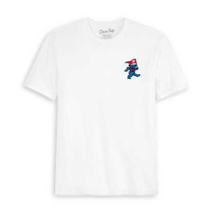 White collegiate t-shirt with blue dancing bear graphic wearing red cap. Class Trip | Officially Licensed Collegiate Apparel