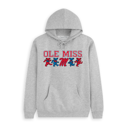 Gray Ole Miss hoodie with red and blue dancing bears and college logo. Class Trip | Officially Licensed Collegiate Apparel