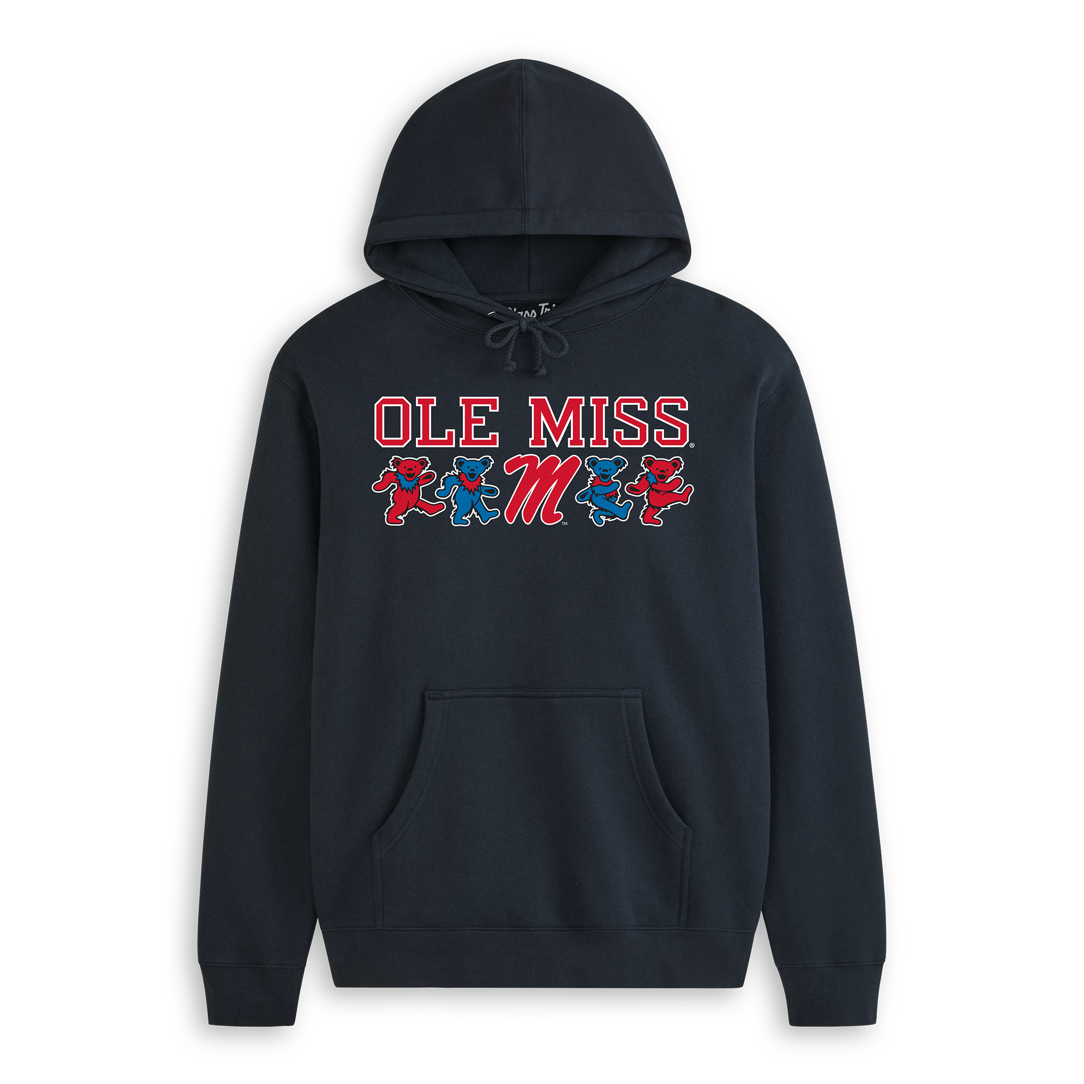 Navy Ole Miss hoodie with Grateful Dead dancing bears graphic. Class Trip | Officially Licensed Collegiate Apparel