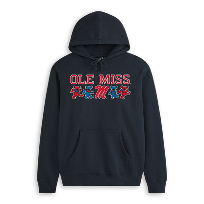 Navy Ole Miss hoodie with Grateful Dead dancing bears graphic. Class Trip | Officially Licensed Collegiate Apparel