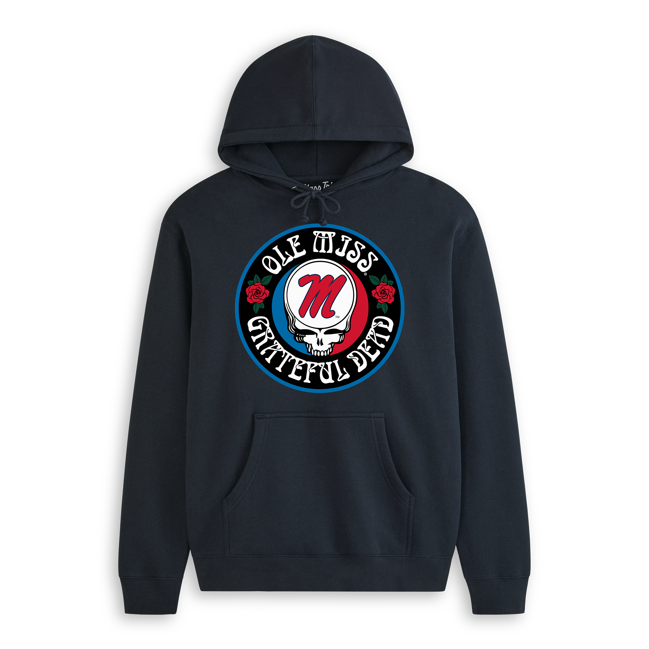 Navy Ole Miss Grateful Dead hoodie with skull and roses graphic, collegiate sweatshirt. Class Trip | Officially Licensed Collegiate Apparel