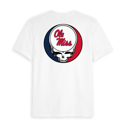 White tee with Ole Miss text and red, blue, and white skull logo on back. Class Trip | Officially Licensed Collegiate Apparel