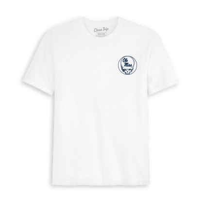 White Ole Miss collegiate tee with blue Grateful Dead SYF logo, front view. Class Trip | Officially Licensed Collegiate Apparel
