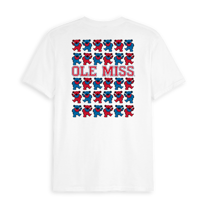 White t-shirt with Ole Miss text and red and blue dancing bears graphic on the back. Class Trip | Officially Licensed Collegiate Apparel