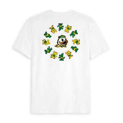 White collegiate t-shirt with Oregon duck and green and yellow dancing bears graphic. Class Trip | Officially Licensed Collegiate Apparel