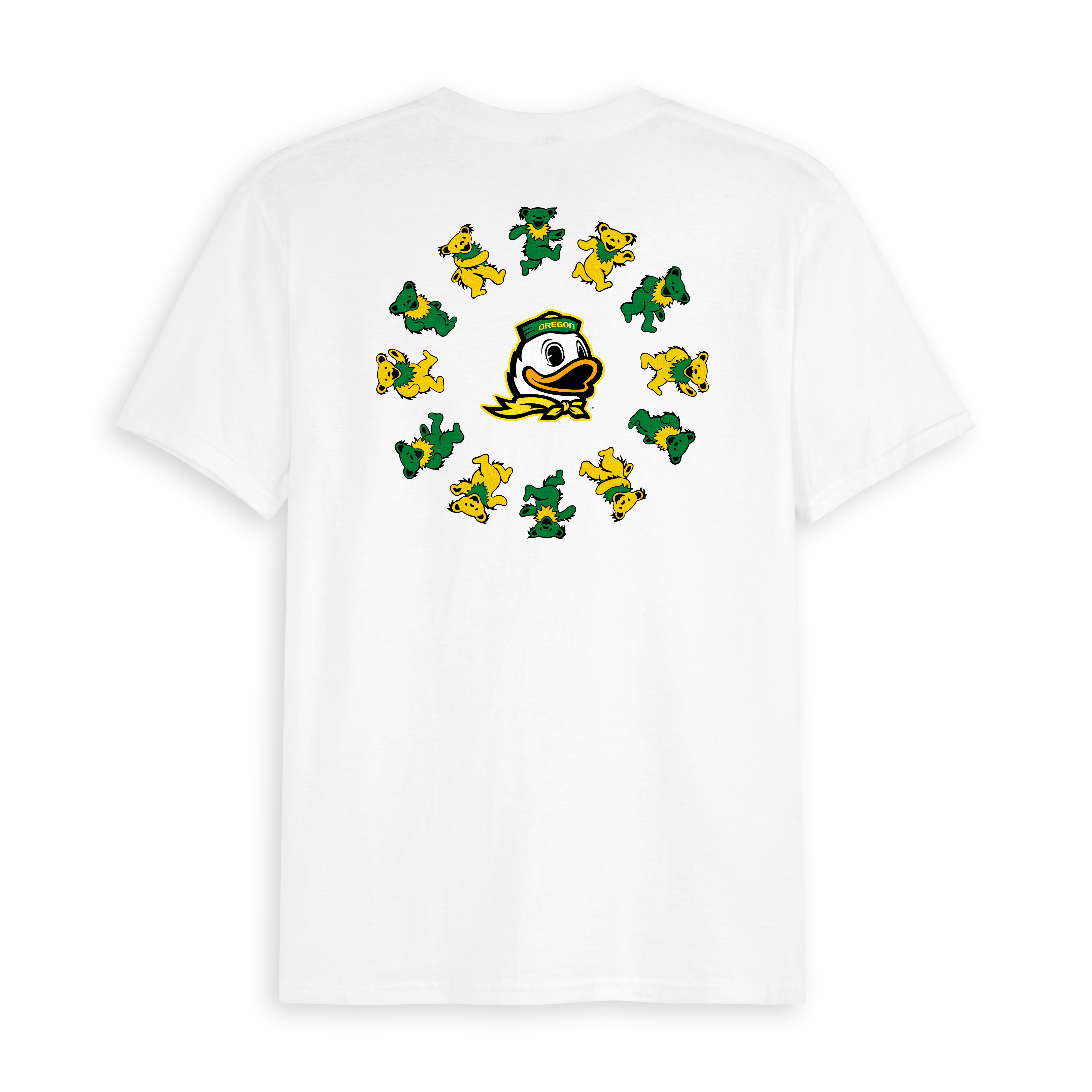 White collegiate t-shirt with Oregon duck and green and yellow dancing bears graphic. Class Trip | Officially Licensed Collegiate Apparel