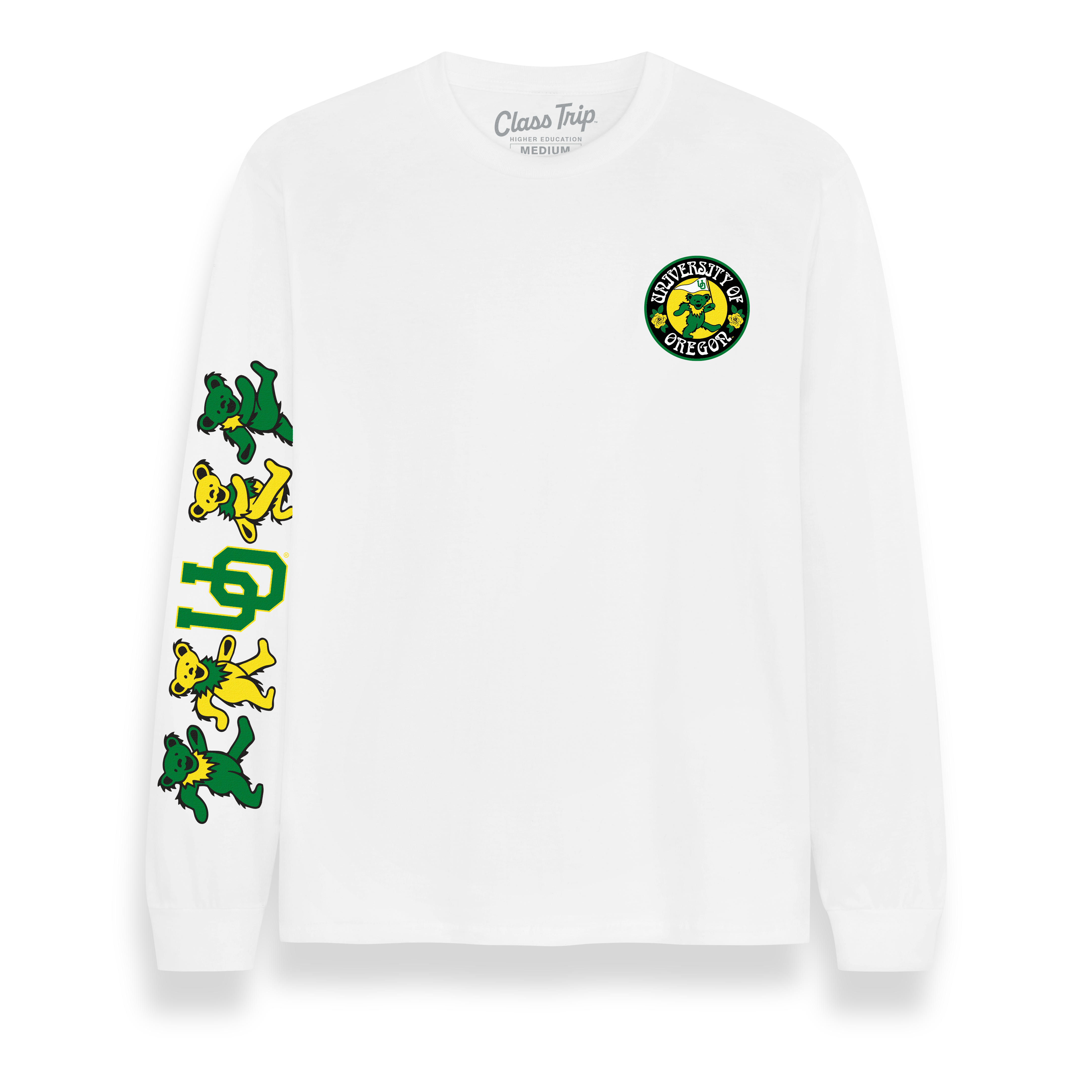 White long sleeve tee with University of Oregon patch and colorful dancing bears on sleeve. Class Trip | Officially Licensed Collegiate Apparel