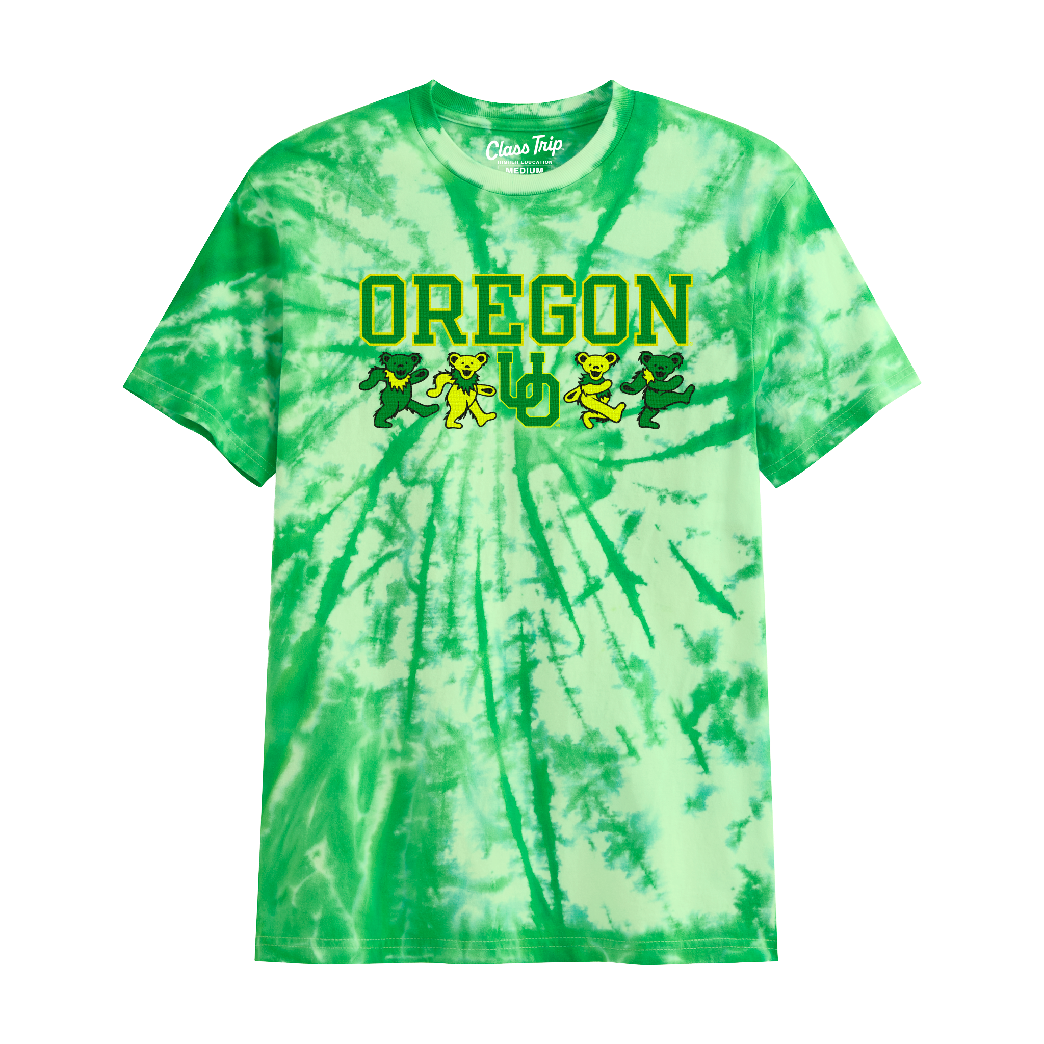 Green tie-dye t-shirt with Oregon text and mascot bears graphic, collegiate apparel. Class Trip | Officially Licensed Collegiate Apparel