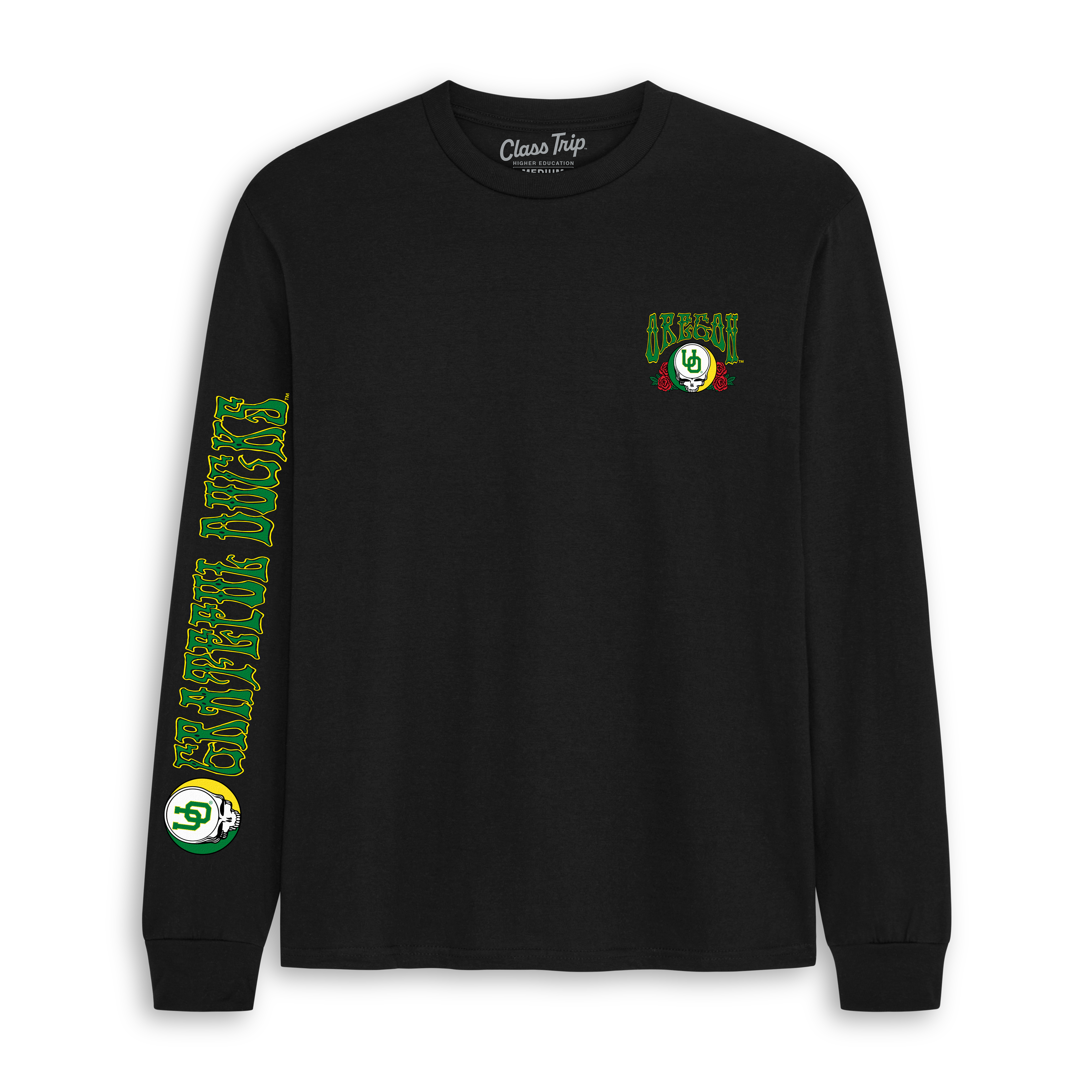 Black long sleeve tee with Oregon Grateful Dead roses design, collegiate style. Class Trip | Officially Licensed Collegiate Apparel