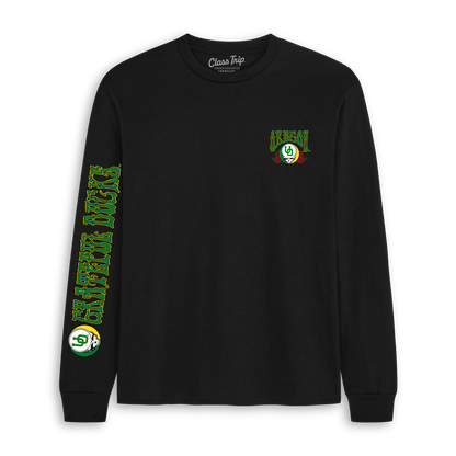 Black long sleeve tee with Oregon Grateful Dead roses design, collegiate style. Class Trip | Officially Licensed Collegiate Apparel