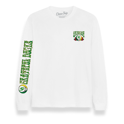 White long sleeve tee with Oregon and Grateful Ducks graphics, collegiate band apparel. Class Trip | Officially Licensed Collegiate Apparel