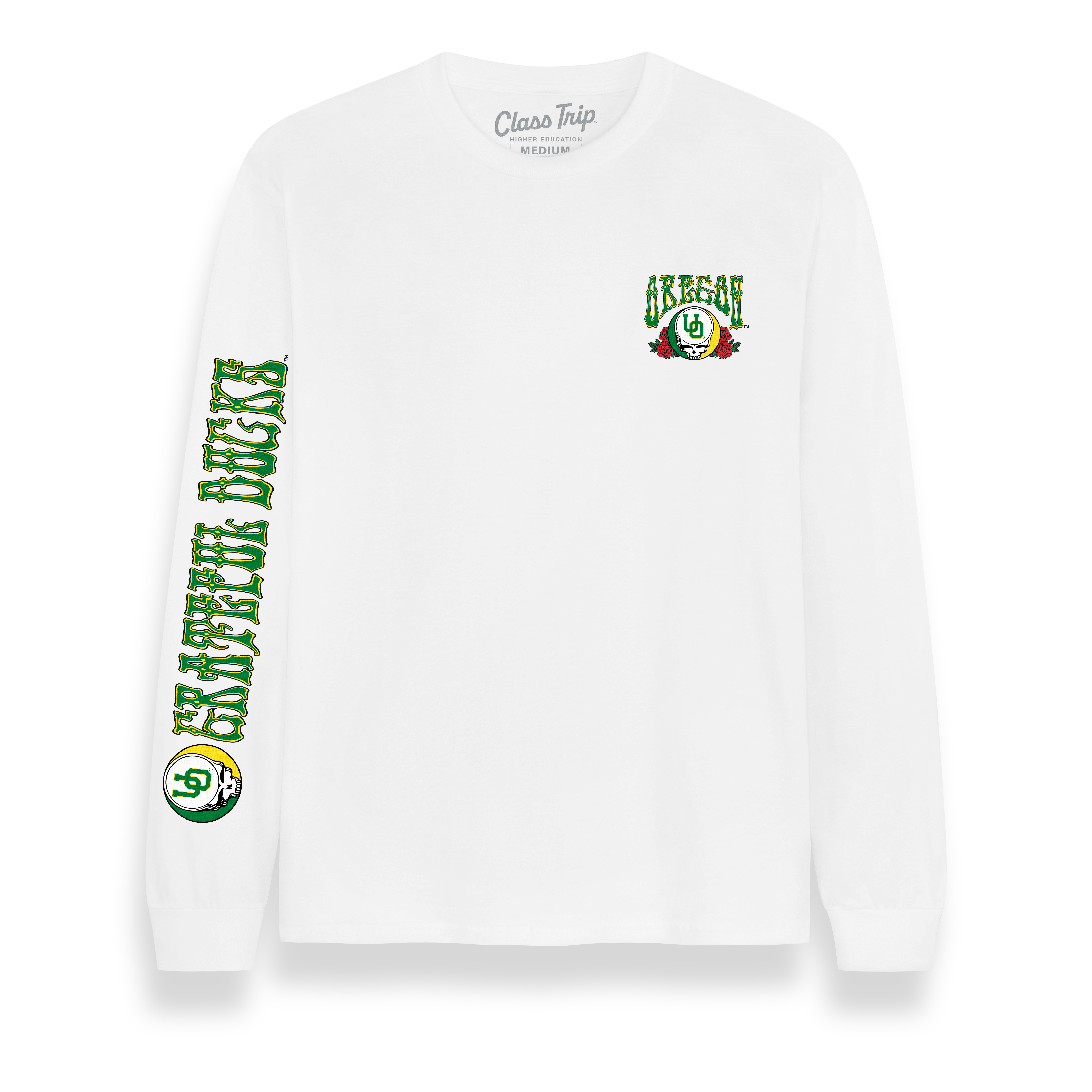 White long sleeve tee with Oregon and Grateful Ducks graphics, collegiate band apparel. Class Trip | Officially Licensed Collegiate Apparel