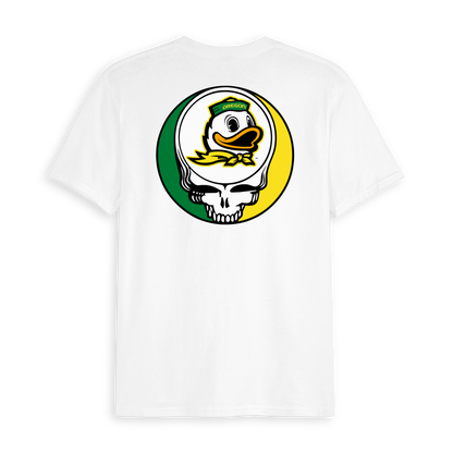 White tee with Oregon mascot and skull graphic in green and yellow. Class Trip | Officially Licensed Collegiate Apparel