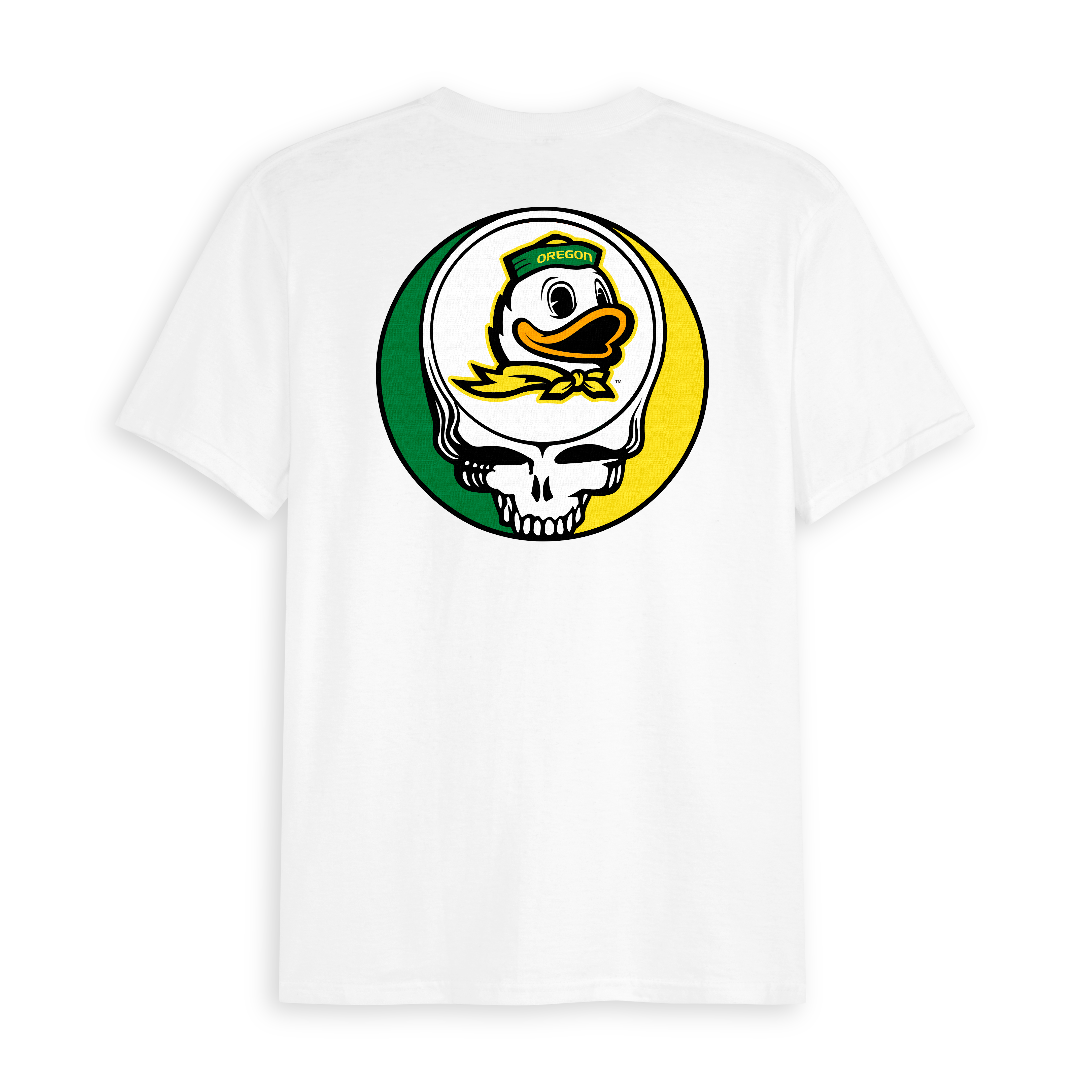 White tee with Oregon mascot and skull graphic in green and yellow. Class Trip | Officially Licensed Collegiate Apparel