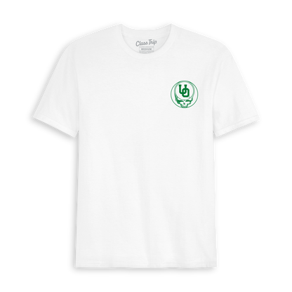 White collegiate t-shirt with green Oregon logo and skull graphic on chest. Class Trip | Officially Licensed Collegiate Apparel