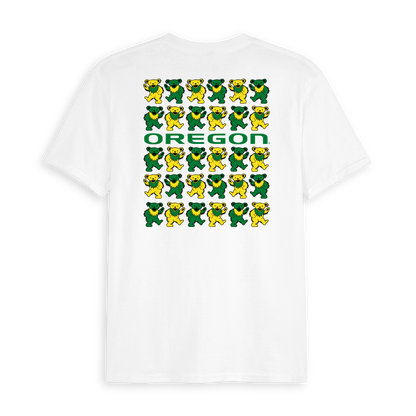 White t-shirt with stacked green and yellow bear graphics and 'OREGON' text on back. Class Trip | Officially Licensed Collegiate Apparel