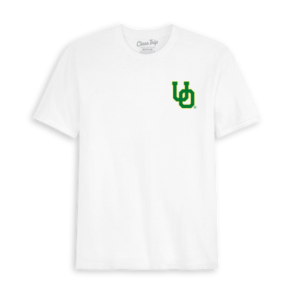 White t-shirt with green and yellow collegiate logo on chest. Class Trip | Officially Licensed Collegiate Apparel