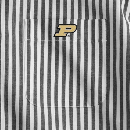 Men's black and white striped shirt pocket with collegiate logo. Class Trip | Officially Licensed Collegiate Apparel