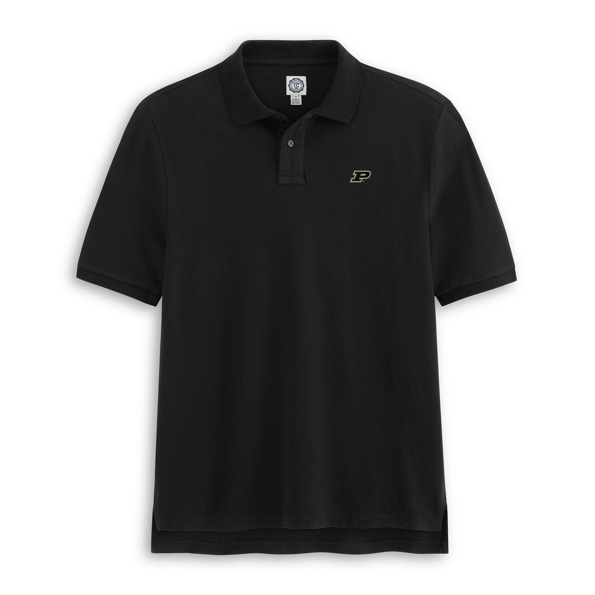 Black collegiate polo shirt with embroidered university logo, short sleeves. Class Trip | Officially Licensed Collegiate Apparel