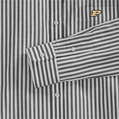Black and white striped poplin shirt with Purdue logo detail, button cuffs. Class Trip | Officially Licensed Collegiate Apparel