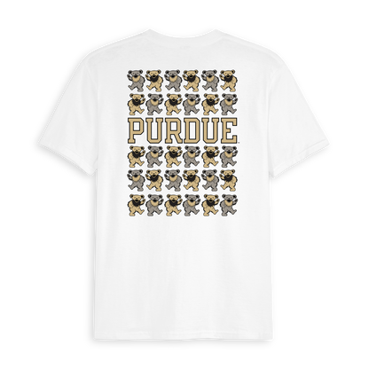 White t-shirt with stacked dancing bears and large Purdue text on back | Class Trip | Officially Licensed Collegiate Apparel