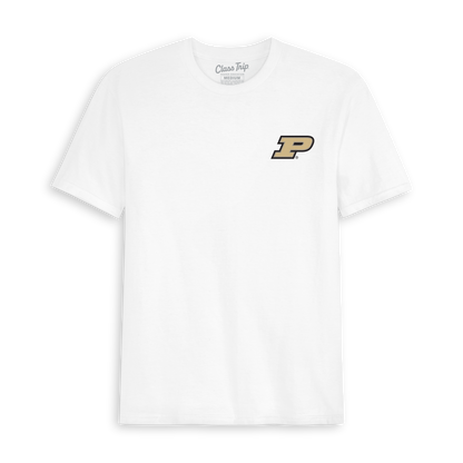 White collegiate t-shirt with Purdue logo on left chest, Class Trip | Officially Licensed Collegiate Apparel