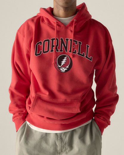 Red Cornell hoodie with Grateful Dead skull logo, college apparel. Cornell Grateful Dead Hoodie | Class Trip | Officially Licensed Collegiate Apparel
