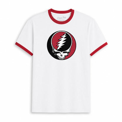 White ringer tee with red trim featuring Grateful Dead Steal Your Face skull logo. Class Trip | Officially Licensed Collegiate Apparel