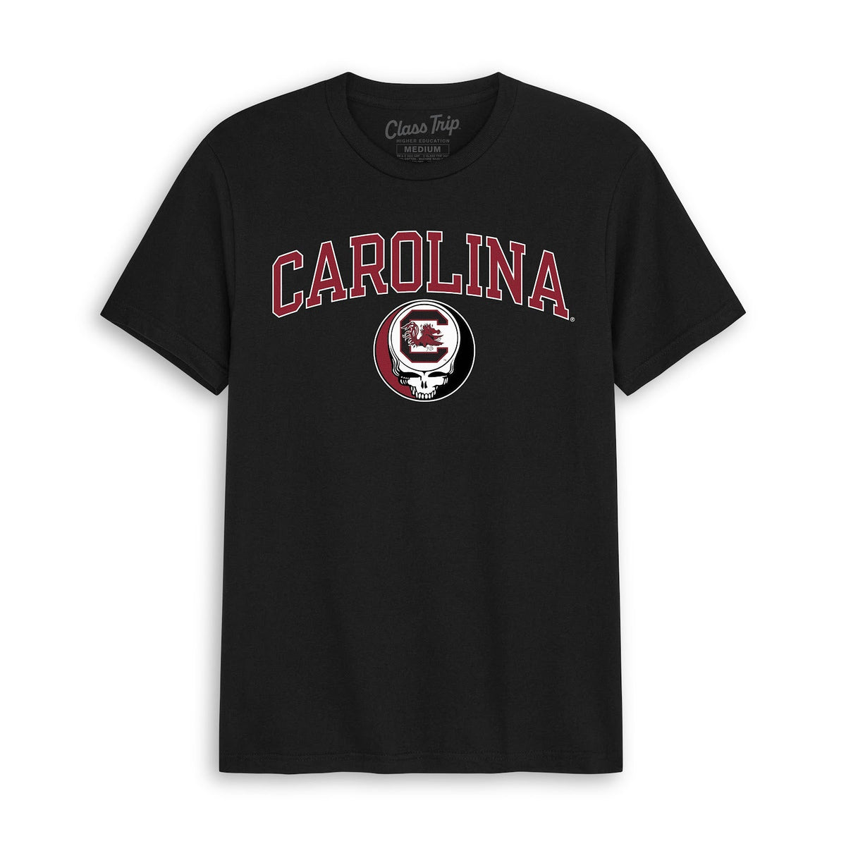 Front flat lay of the Black South Carolina x Grateful Dead Steal Your Face Arch Tee. Class Trip | Higher Education