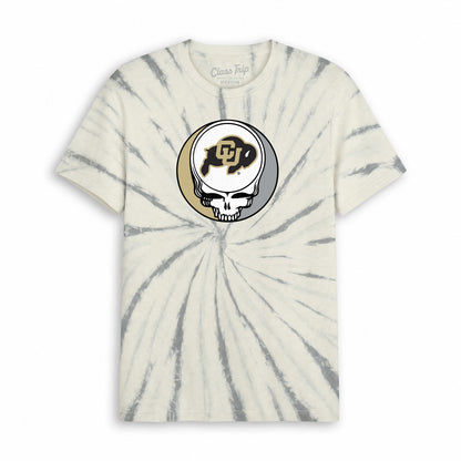 Cream and gray tie-dye tee with Colorado Buffaloes Grateful Dead skull logo. Class Trip | Higher Education
