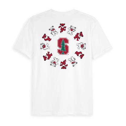 White t-shirt with Stanford logo and dancing bears. Stanford x Grateful Dead Circle Bears Tee Class Trip | Higher Education