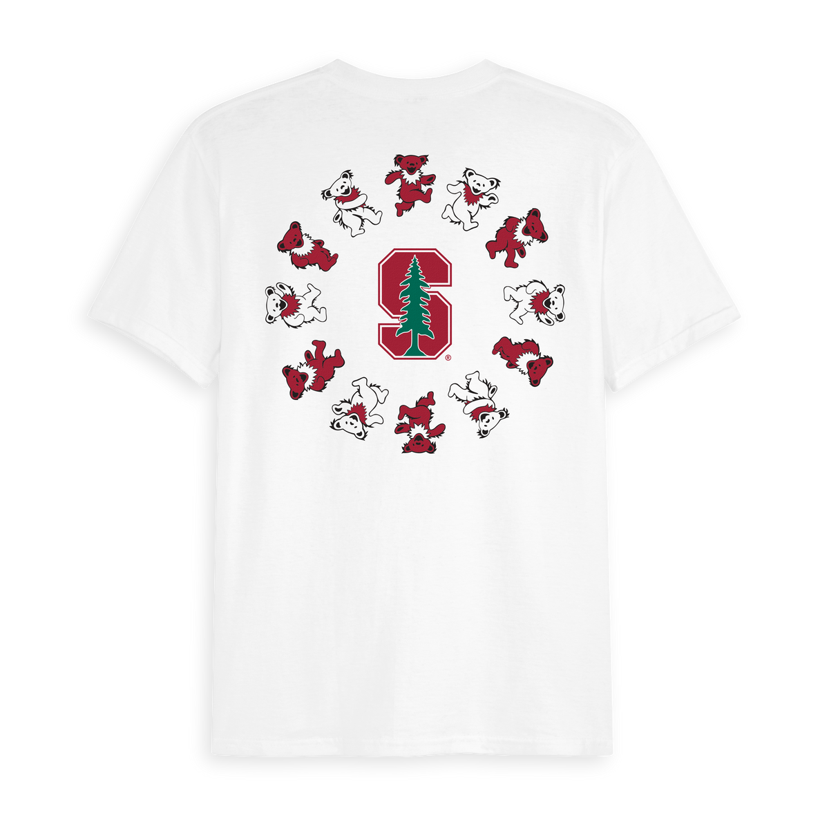 White t-shirt with Stanford logo and dancing bears. Stanford x Grateful Dead Circle Bears Tee Class Trip | Higher Education