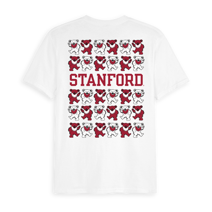 White Class Trip t-shirt with red and white dancing bears and STANFORD text. Stanford x Grateful Dead Stacked Bears Tee Class Trip | Higher Education