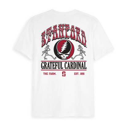 White Class Trip t-shirt featuring a Stanford x Grateful Dead mashup graphic. Stanford x Grateful Dead Shakedown Tee Class Trip | Higher Education