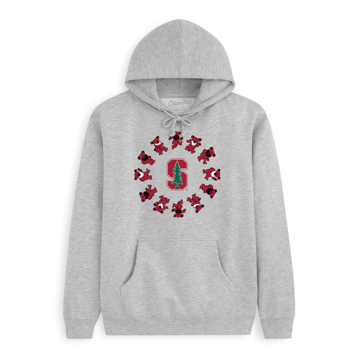 Grey Class Trip hoodie featuring a red Stanford 'S' surrounded by Grateful Dead bears. Stanford x Grateful Dead Circle Bears Hoodie Class Trip | Higher Education