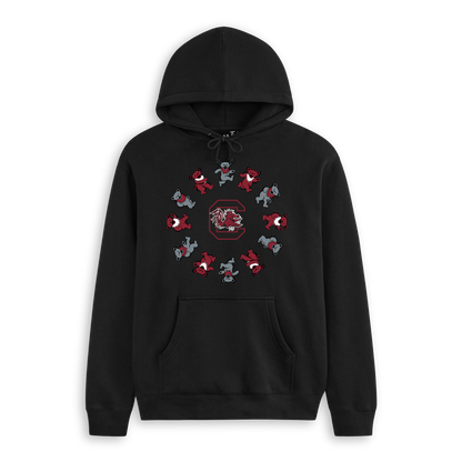 Black hoodie featuring South Carolina Gamecocks logo and colorful dancing bears. Class Trip | Officially Licensed Collegiate Apparel
