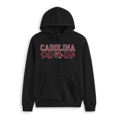 Black hoodie with Carolina text, Gamecock logo, and red bear mascots graphic. Class Trip | Officially Licensed Collegiate Apparel