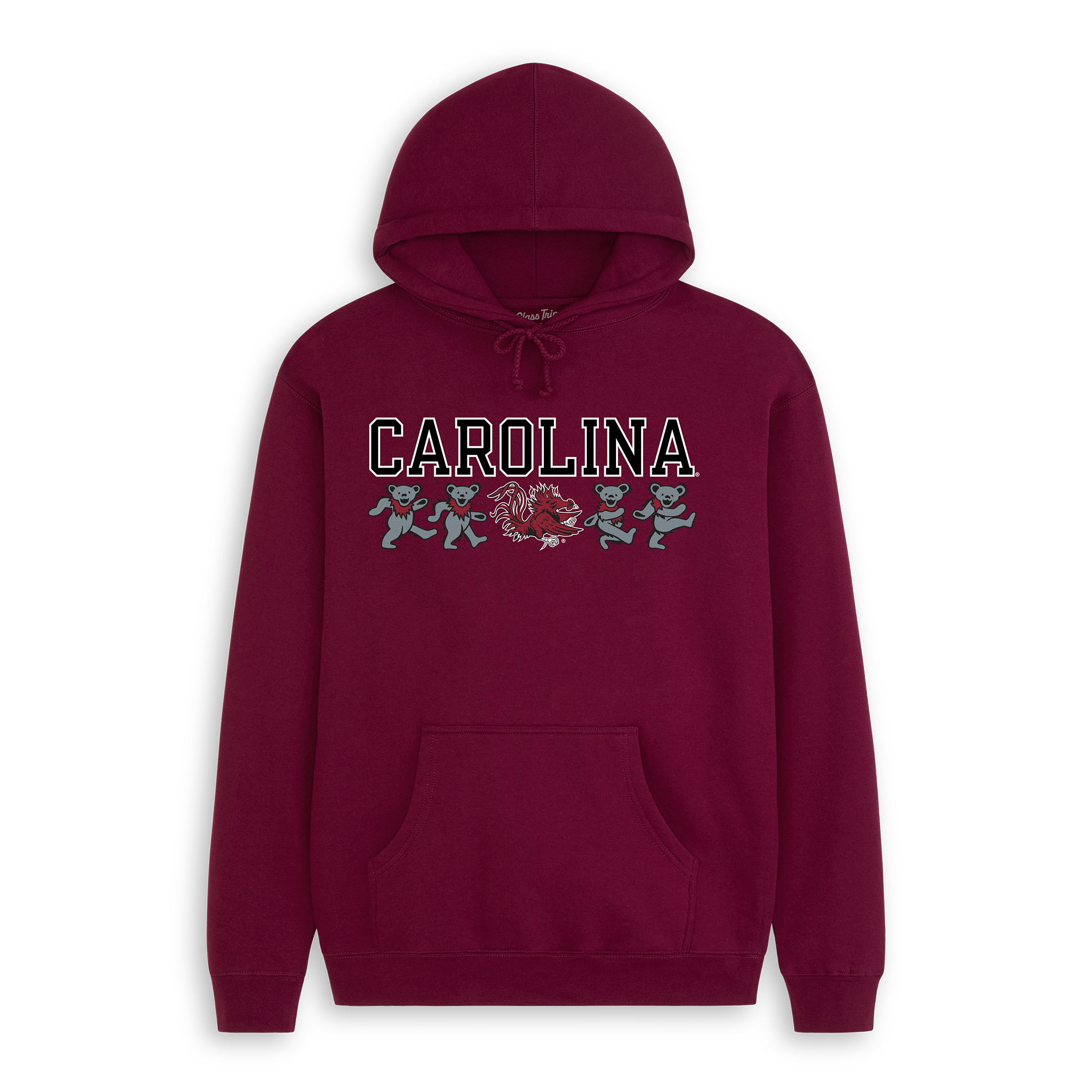 Maroon hoodie with Carolina text, mascot logo, and dancing bears graphic. Class Trip | Officially Licensed Collegiate Apparel