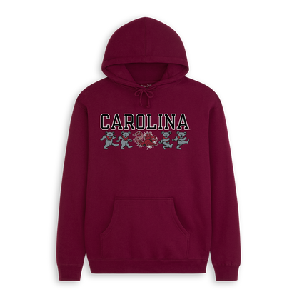 Maroon hoodie with Carolina text, mascot logo, and dancing bears graphic. Class Trip | Officially Licensed Collegiate Apparel