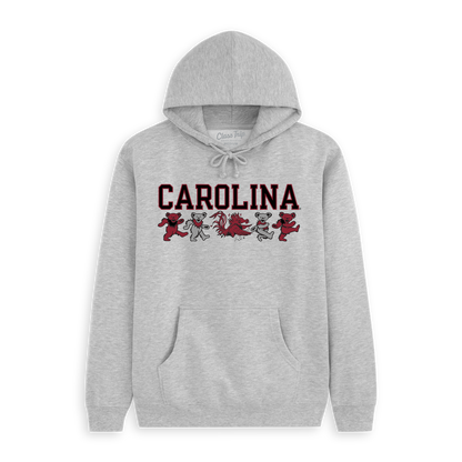 Gray Carolina hoodie with college mascot and bear graphics, collegiate sweatshirt. Class Trip | Officially Licensed Collegiate Apparel