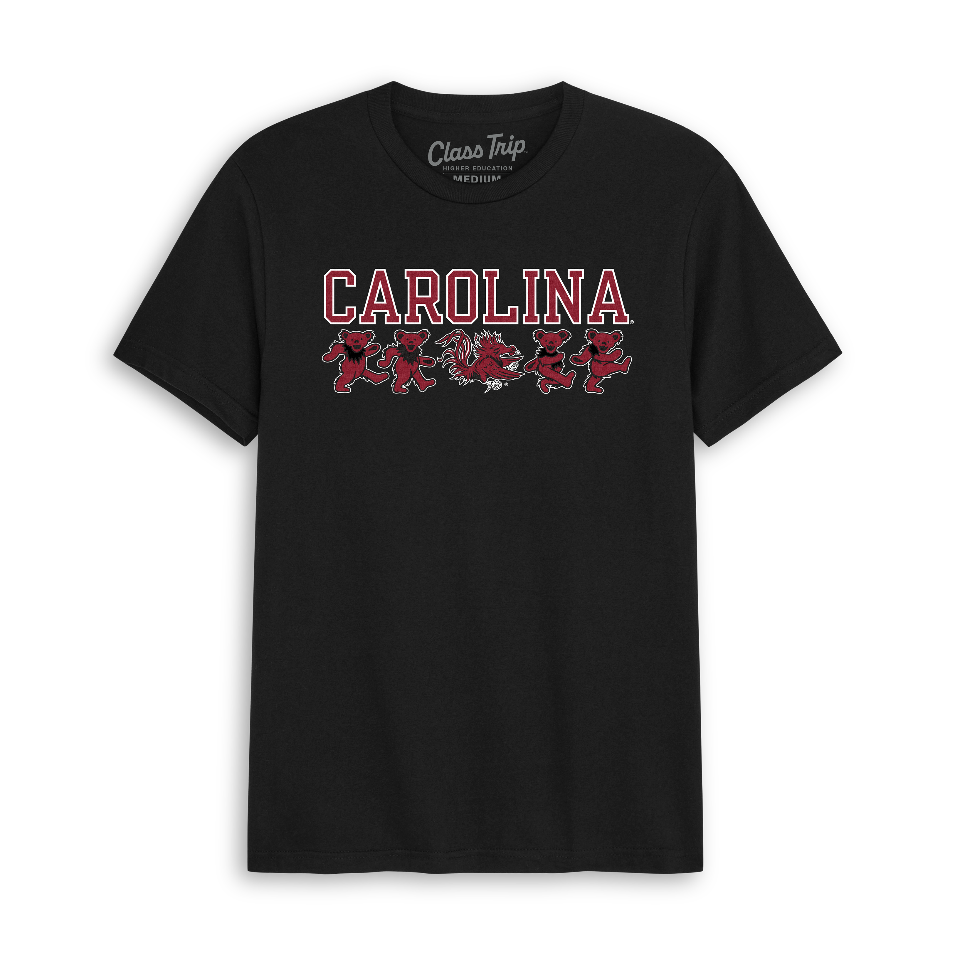 Black Carolina tee with mascot bears and rooster graphic, collegiate style. Class Trip | Officially Licensed Collegiate Apparel