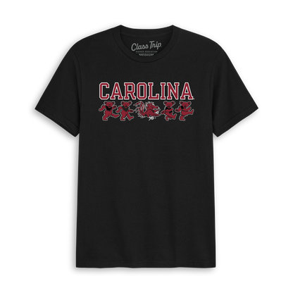 Black Carolina tee with mascot bears and rooster graphic, collegiate style. Class Trip | Officially Licensed Collegiate Apparel